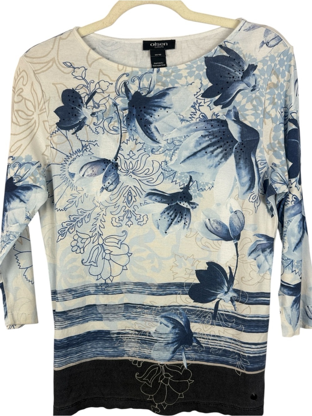 Olsen Europe Cotton Blue Floral Watercolor Embellished 3/4 Sleeve Top Size M 10